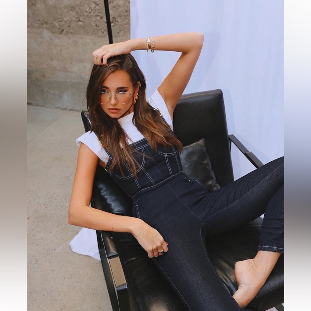 NWT WeWoreWhat Revolve Dark Denim Corset Overalls Sz Large